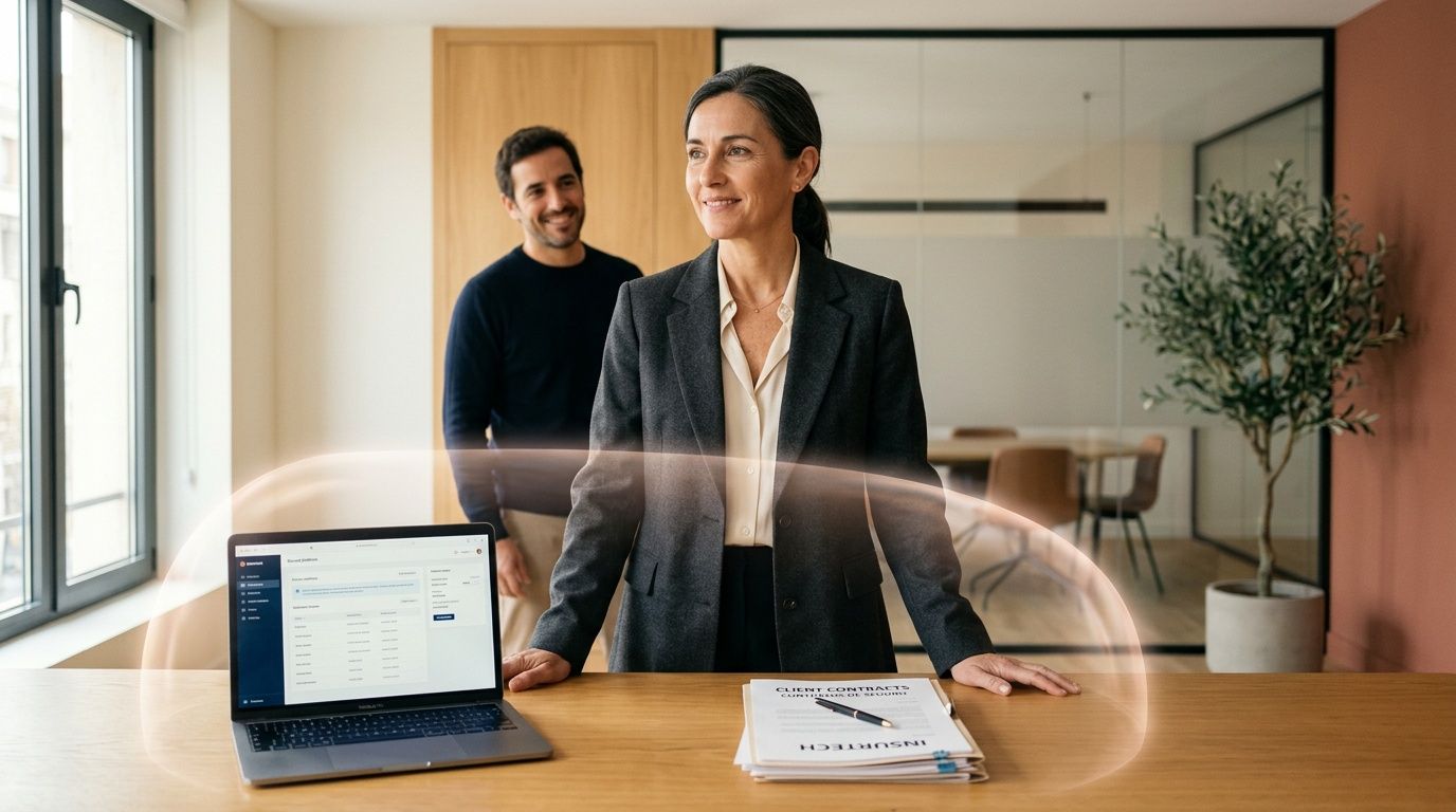 Mujer profesional sonriente en una oficina moderna con laptop y documentos, con colega en el fondo.