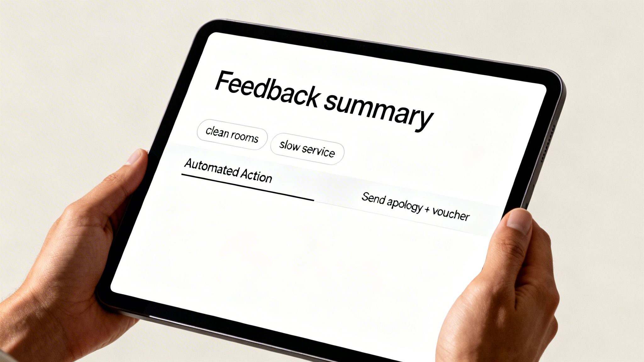 Person holds tablet displaying 'Feedback summary' with 'slow service' and 'Automated Action: Send apology + voucher'.