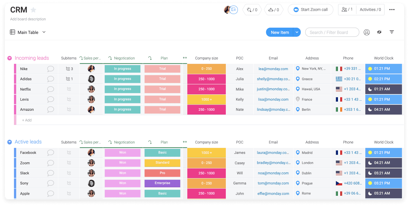 Monday’s interface showing a CRM table with a variety of fields to record client info