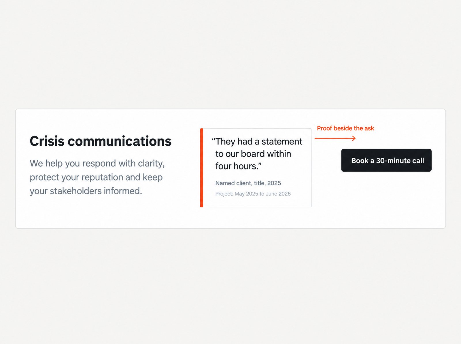 Example service page section with a dated, attributed client quote placed directly beside the Book a 30-minute call button, labelled proof beside the ask