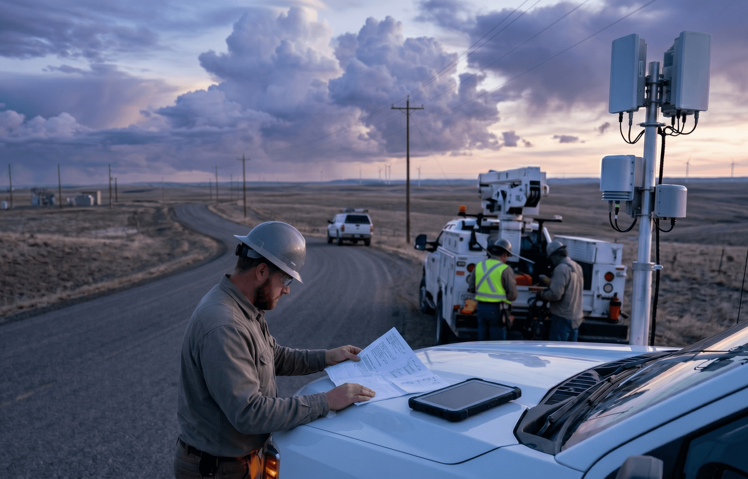 technician in field looking at paper, power lines in background