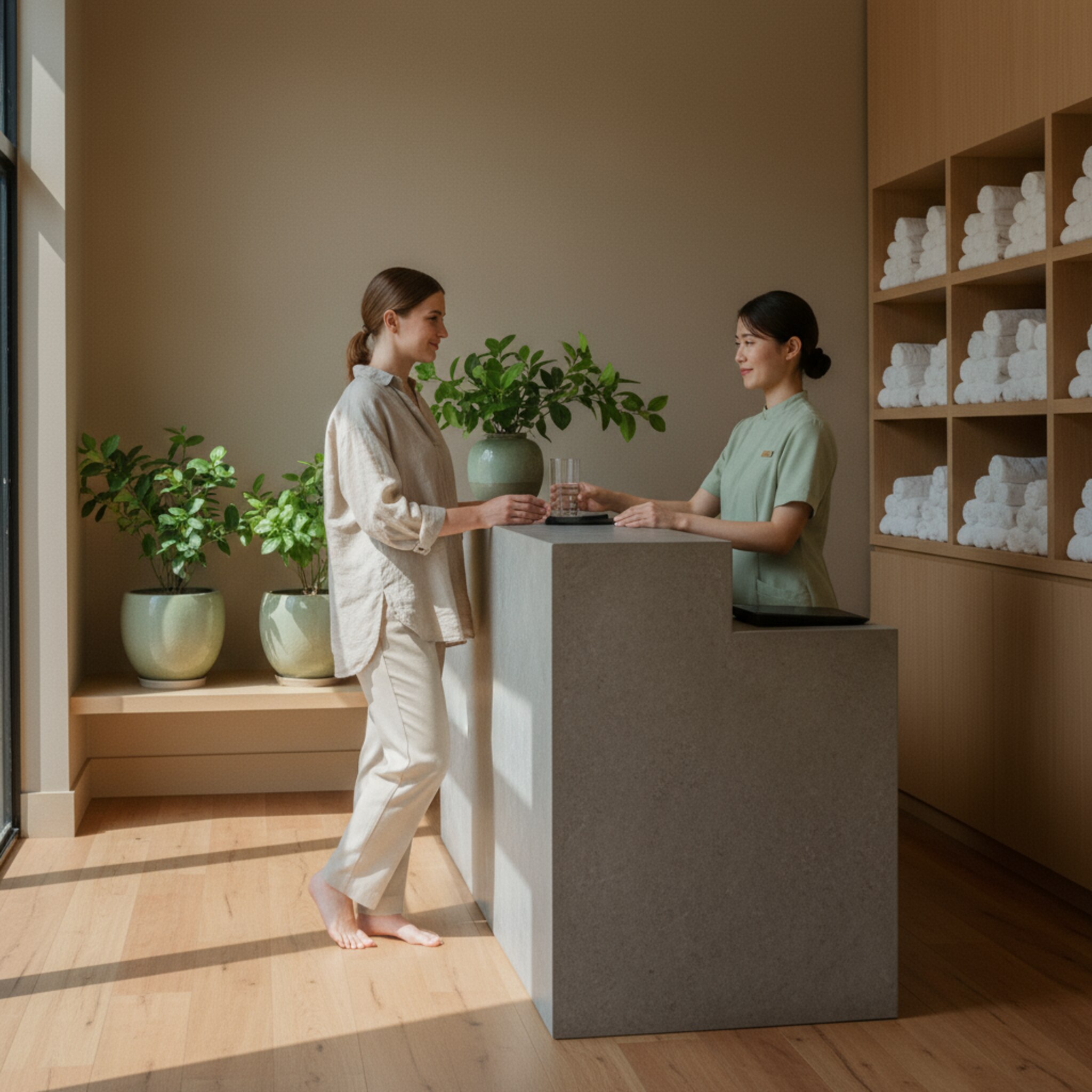 Am Empfang lächelt ein Gast entspannt, während eine Mitarbeiterin ein Glas Wasser reicht. Ein dezenter Duft von Zitrus liegt in der Luft, Pflanzen sorgen für Frische. Hinter dem Tresen stehen ordentlich gefaltete Handtücher. Die Szene vermittelt Ankommen, Ruhe und freundliche Betreuung.