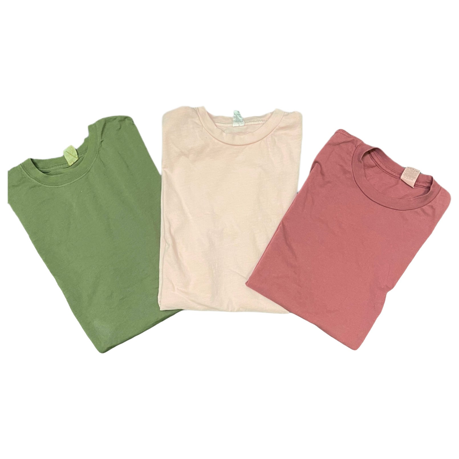 three t-shirts red white green
