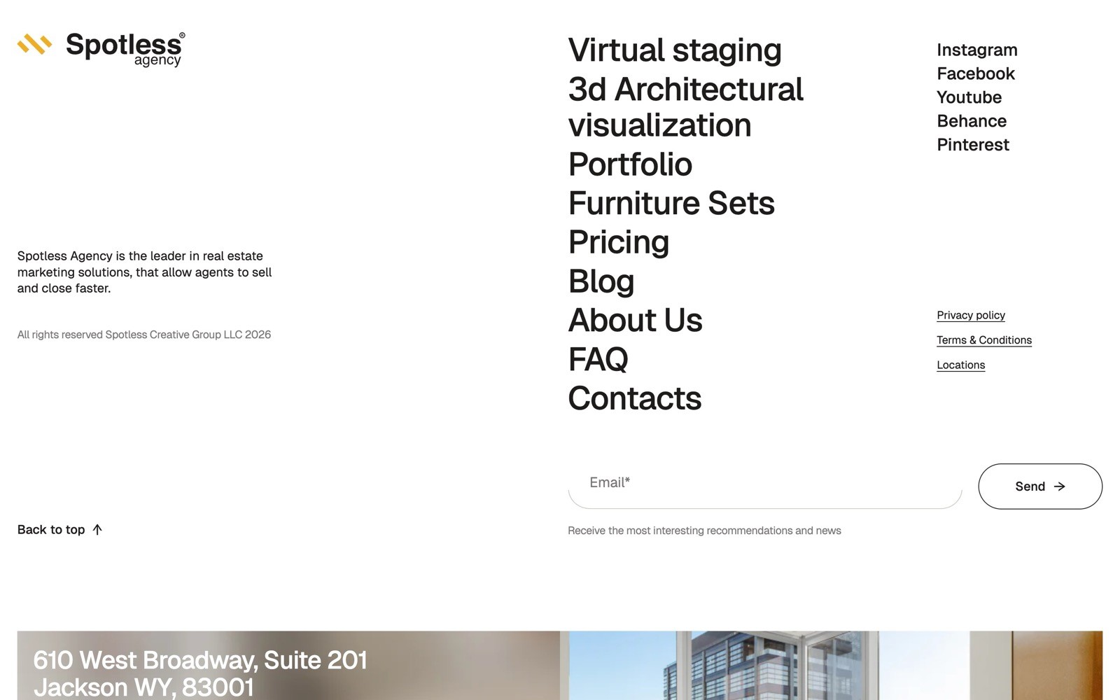 Spotless Agency logo. Navigation links: Virtual staging, Pricing, Blog, Contacts. Social media: Instagram, Facebook. Address at bottom.