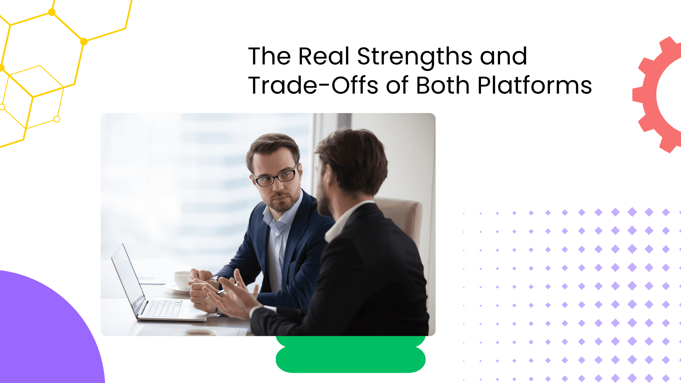Business professionals in a meeting beside text about the strengths and trade-offs of coaching platforms.