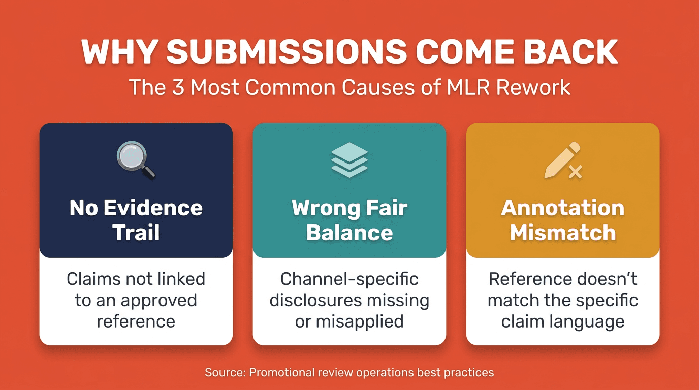 Infographic showing the three most common causes of MLR review rework: missing evidence trail, wrong fair balance, and annotation mismatch
