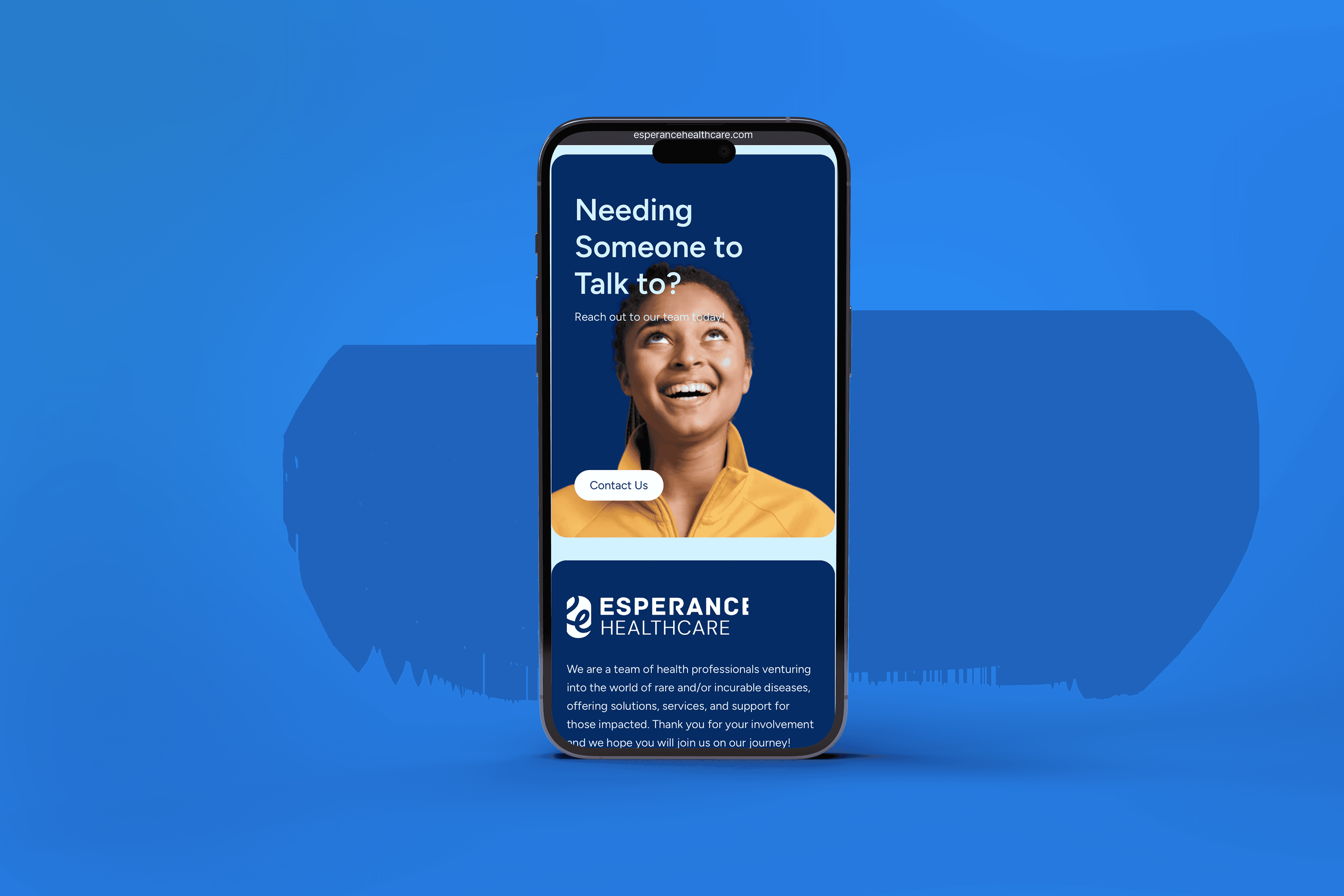 a mobile mockup of a light blue website page shown on a smartphone in front of a blue backgrounda mobile mockup of a light blue website page shown on a smartphone in front of a blue background