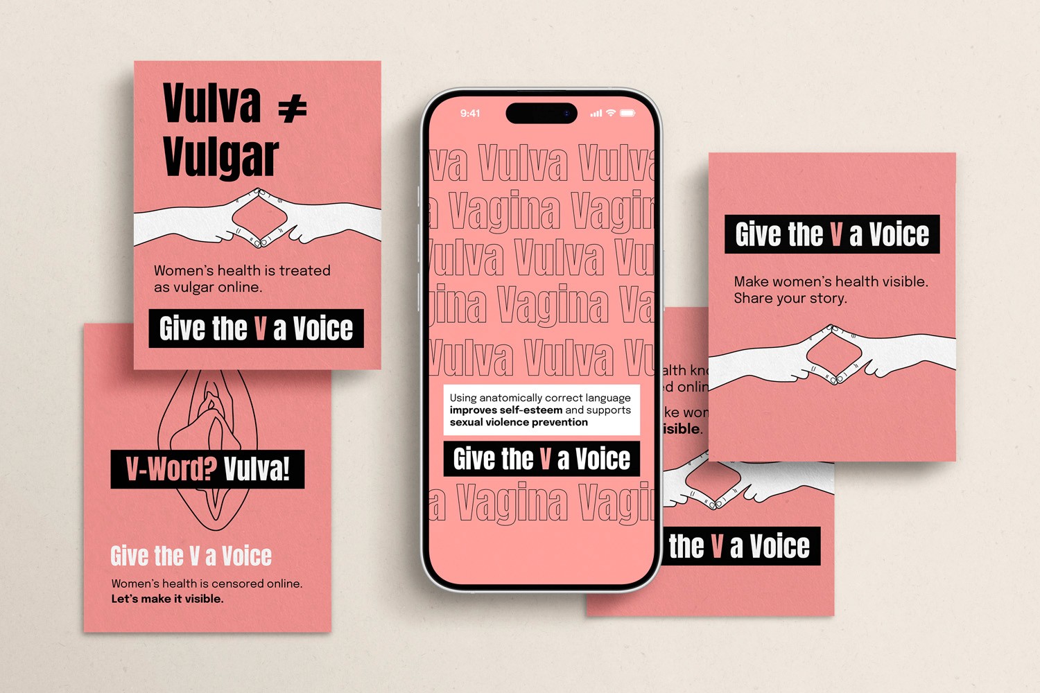 Mockup showing social media posts campaigning for public participation in reclaiming female intimate health terms