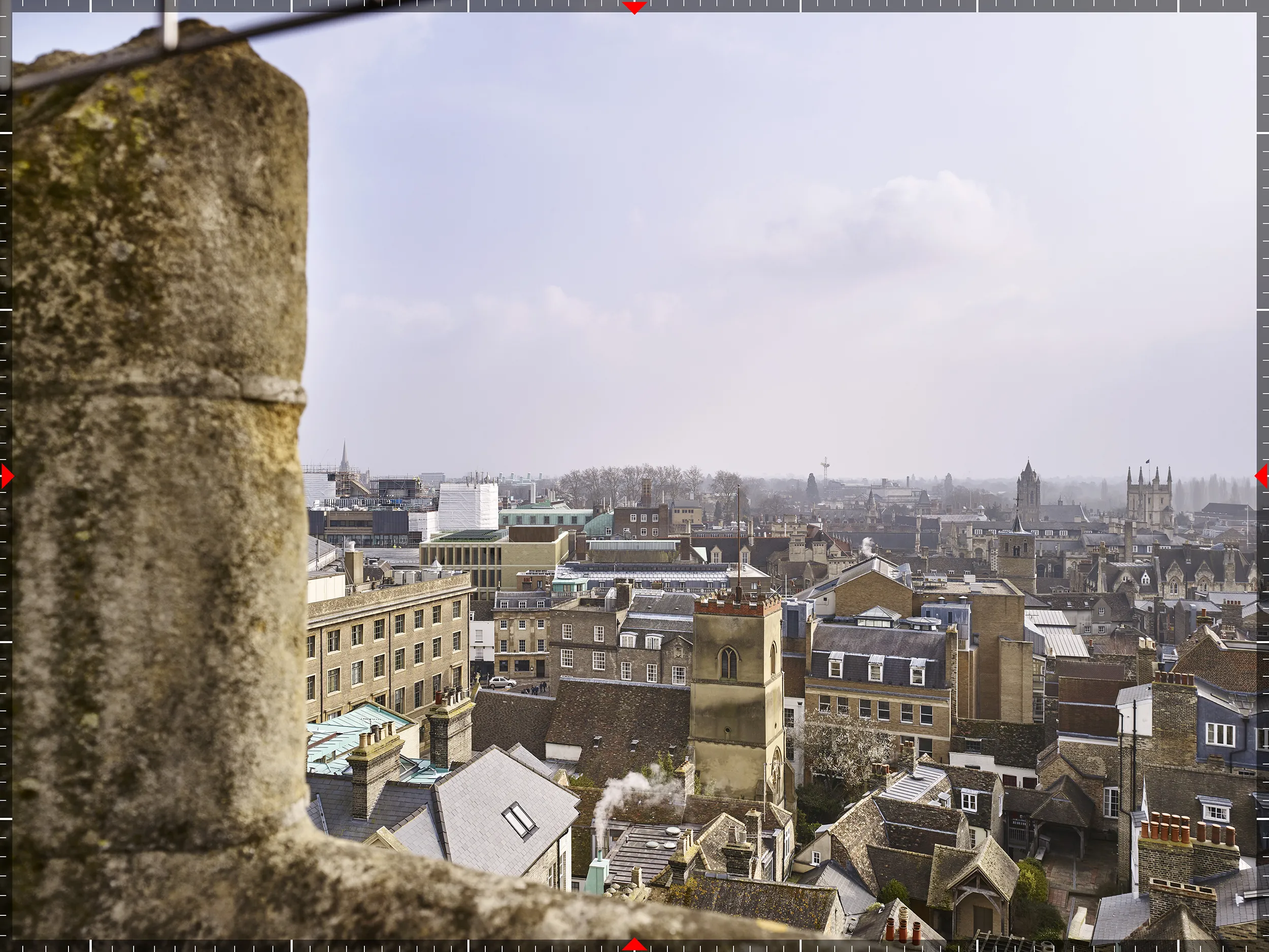 Fully rendered AVR3 verified view of the proposed Cambridge Student Services Centre from Great St Mary's Tower, Cambridge, prepared by Eye-Kon.