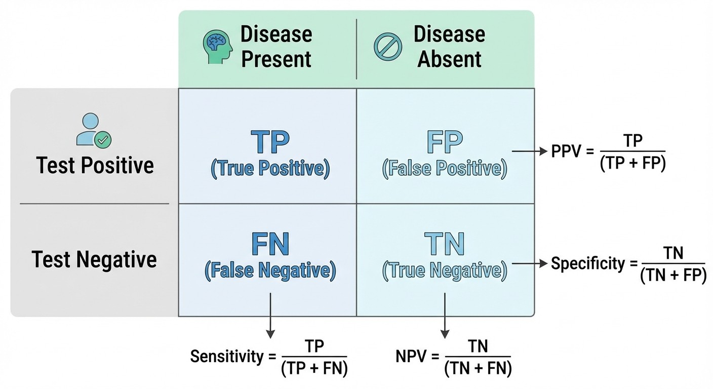 2x2 contingency table showing sensitivity specificity PPV NPV calculations