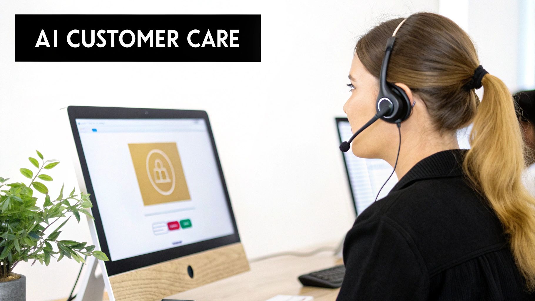 A woman in a headset providing AI customer care support at a computer workstation.