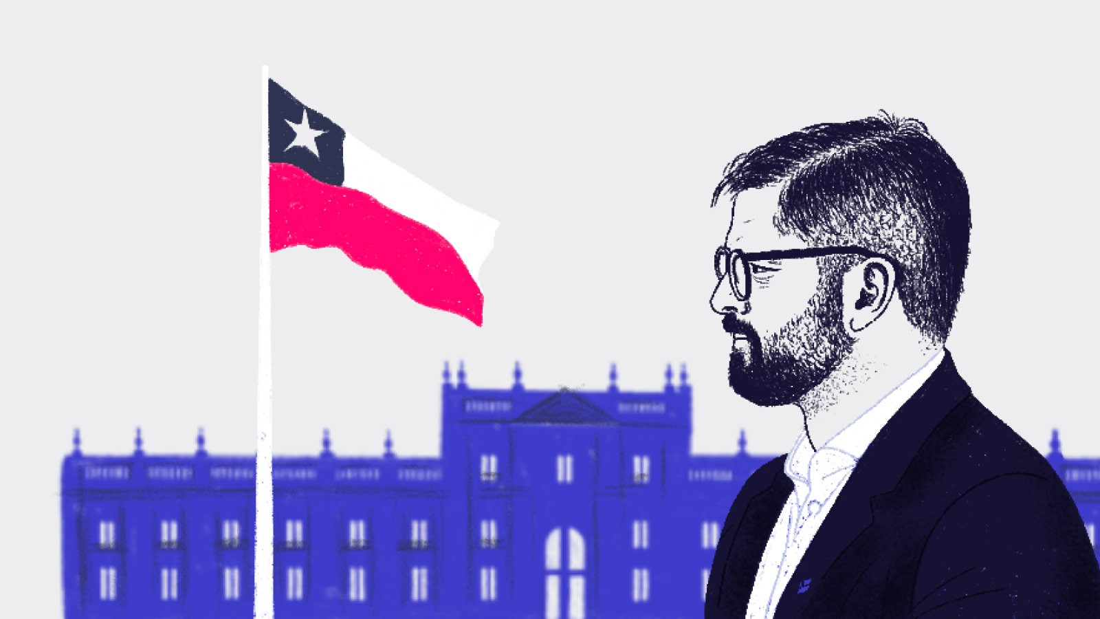 Ilustración del expresidente Gabriel Boric mostrando el lado izquierdo de su cara con la bandera chilena al frente y el Palacio de La Moneda en el fondo de la escena en la noticia con los resultados del reporte de Seguimiento Gubernamental.