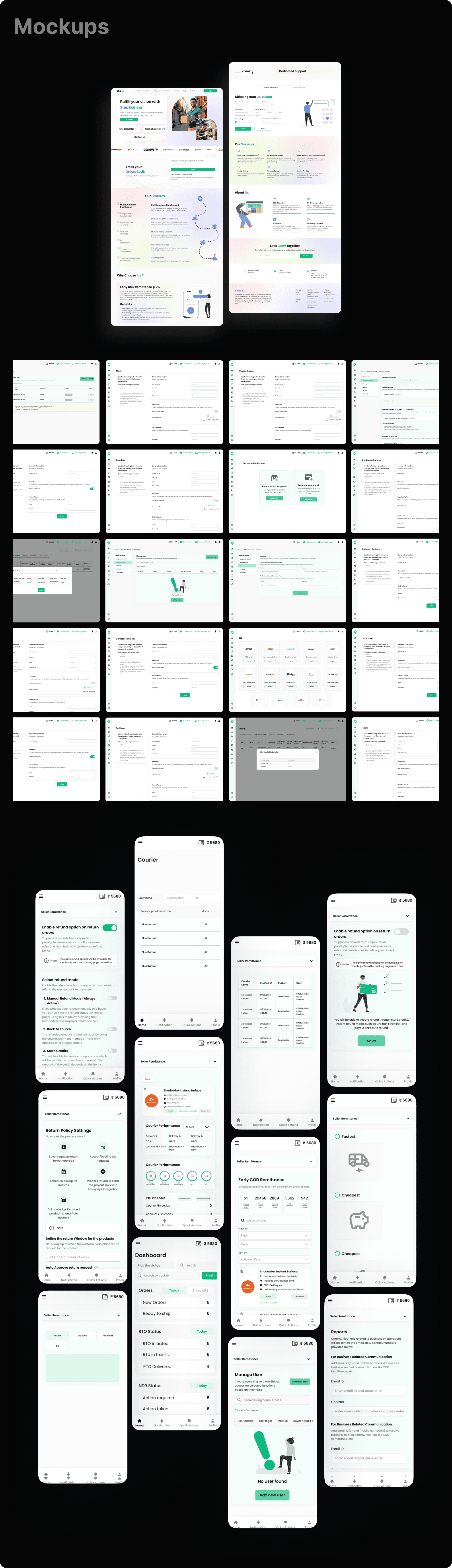 Shipment tracking page, booking form, dashboard, bulk upload screen, Mockups in tablet, mobile, and desktop formats