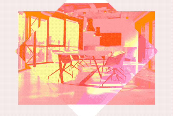 Espaço de trabalho de escritório moderno renderizado com sobreposição vibrante em rosa e laranja