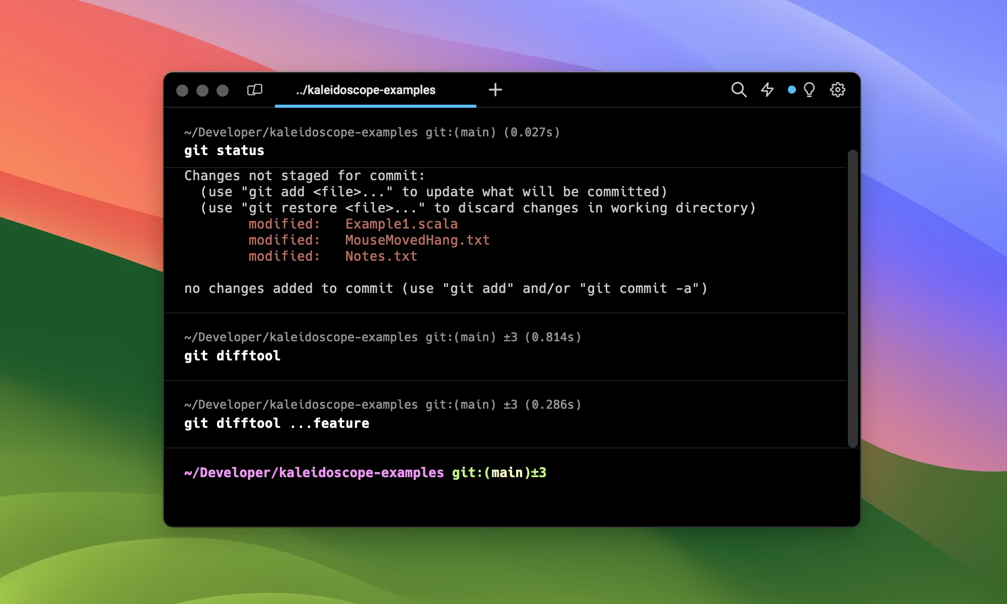 Warp Terminal showing the use of git difftool