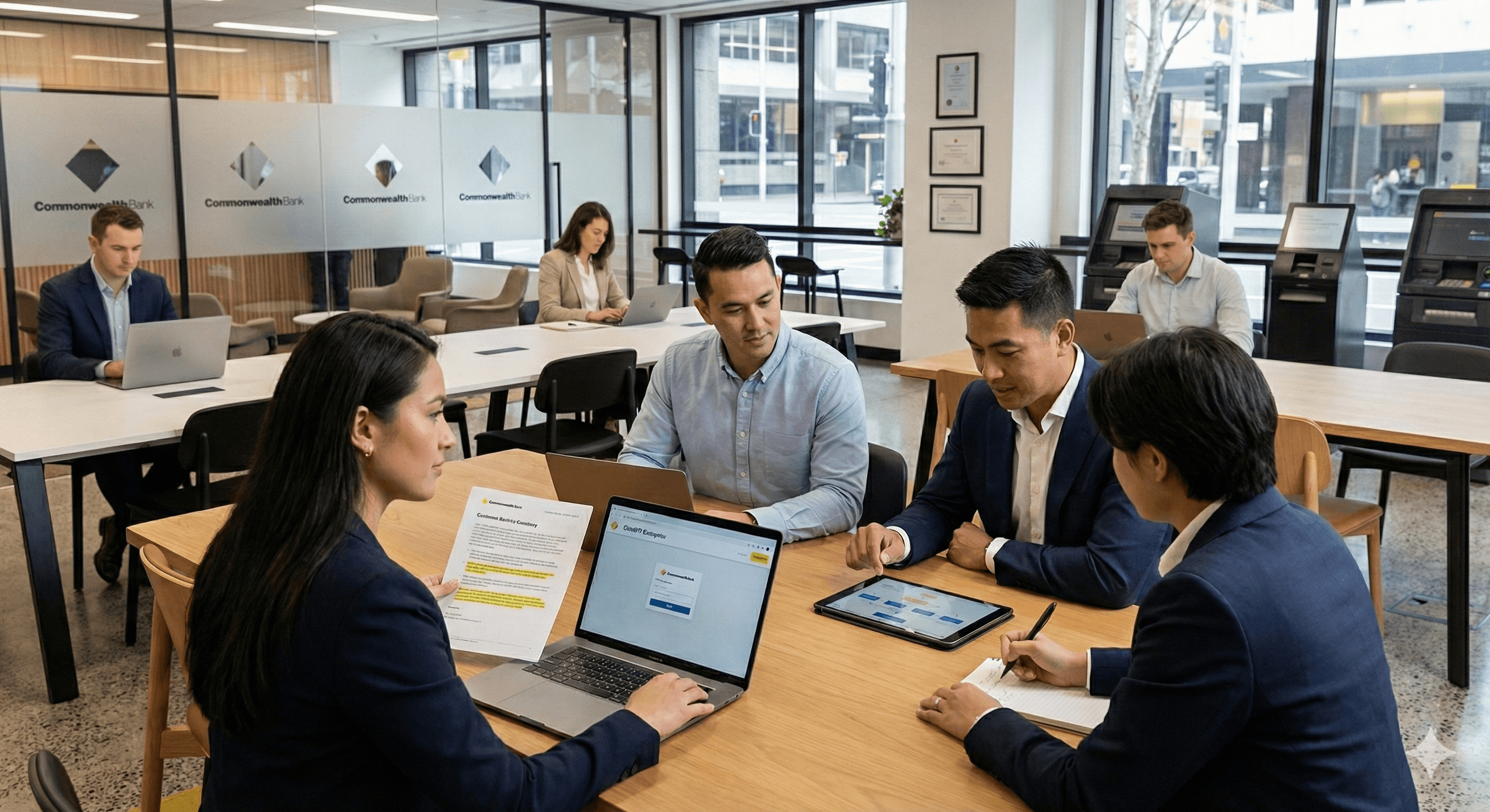 A group of professionals in a modern office setting collaborates using laptops and tablets, showcasing a dynamic business environment focused on technology and innovation, highlighting the theme of AI Fluency at Scale: Commonwealth Bank x OpenAI.