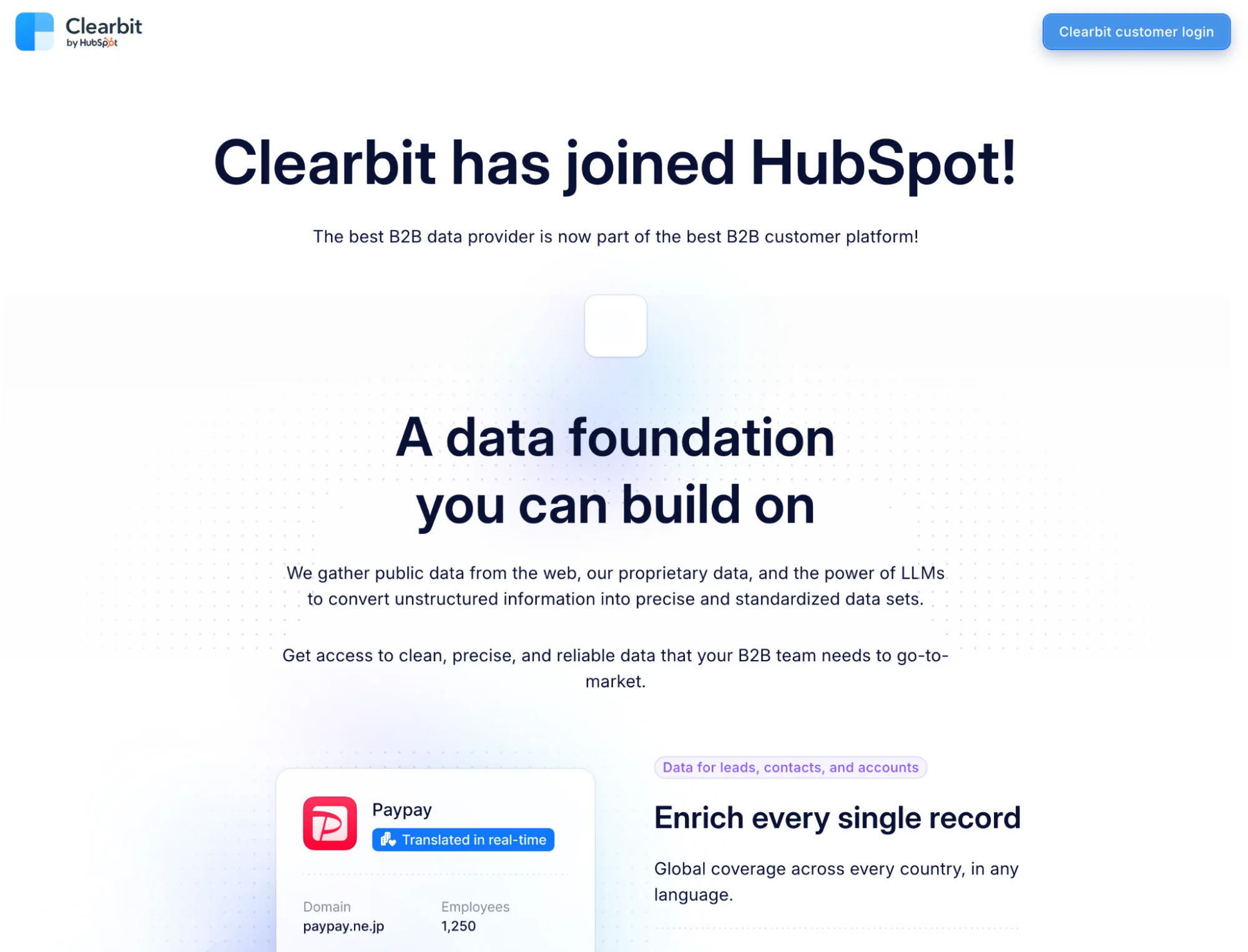 Clearbit homepage: real-time B2B data enrichment, now part of HubSpot