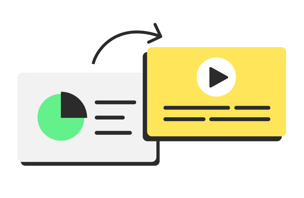 A yellow box featuring a green arrow directing attention to a video, highlighting the PPT to video conversion feature.