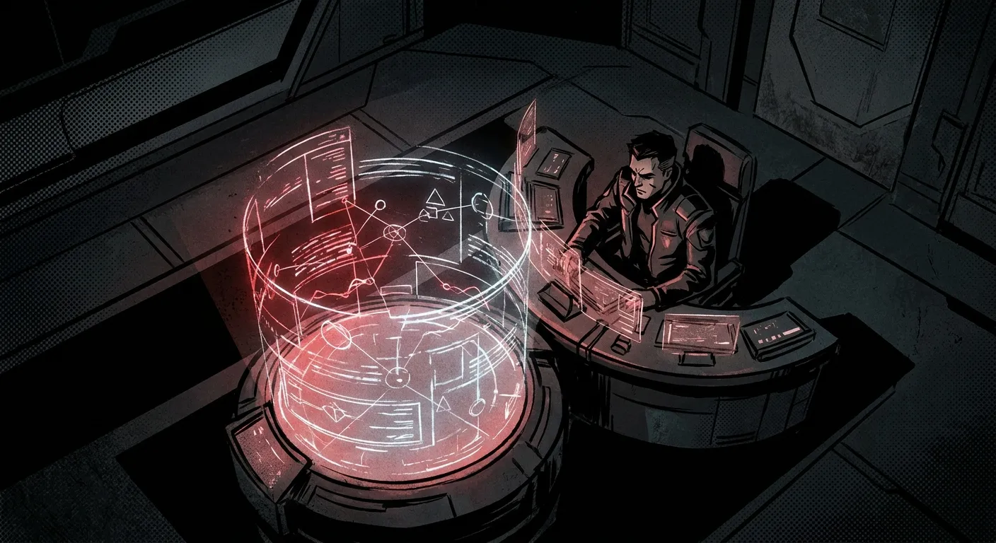 "RockN' Socials' futuristic digital marketing agency with holographic display."