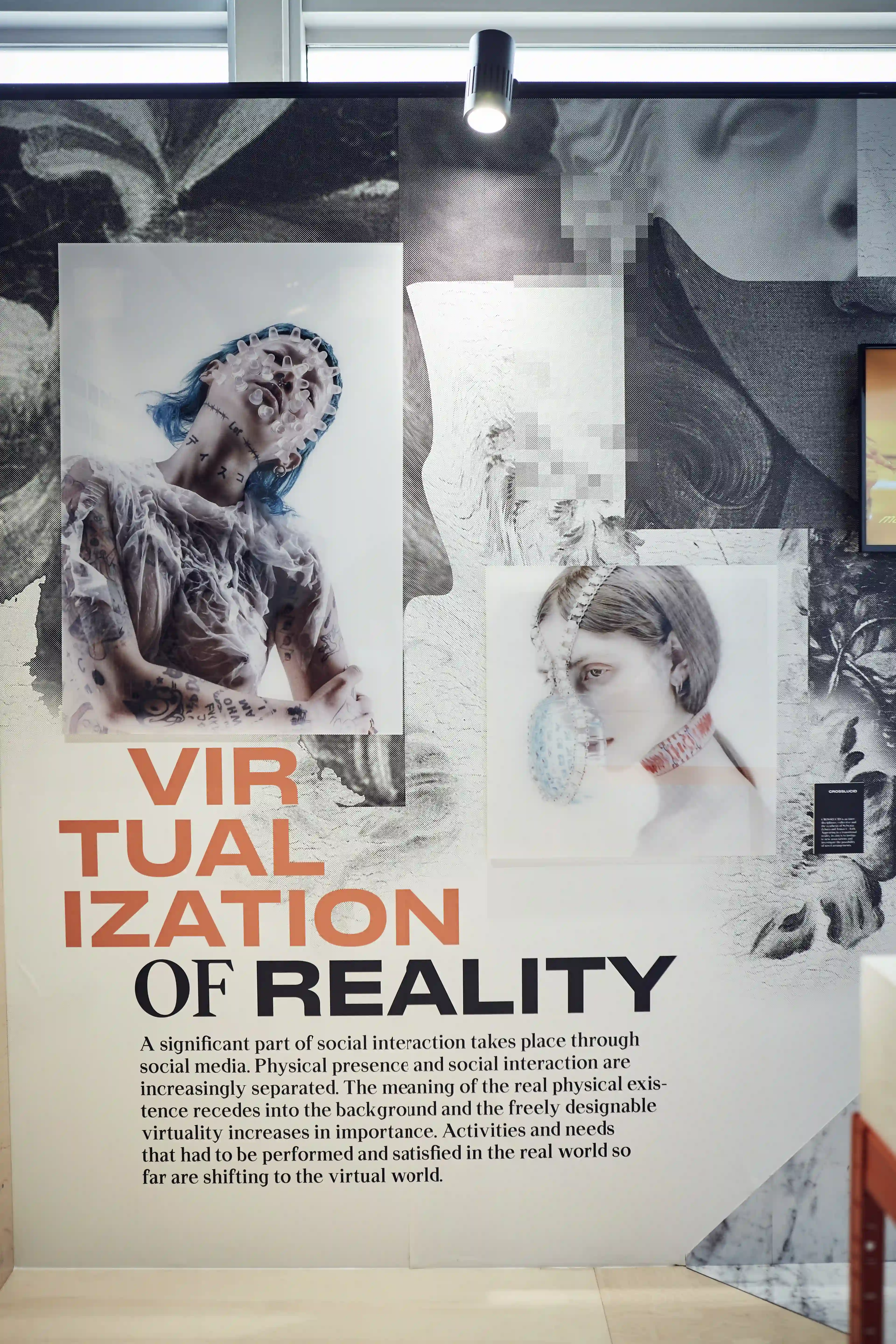 Wall installation Virtualization of Reality with layered portraits and classical motifs at the Cosnova exhibition.