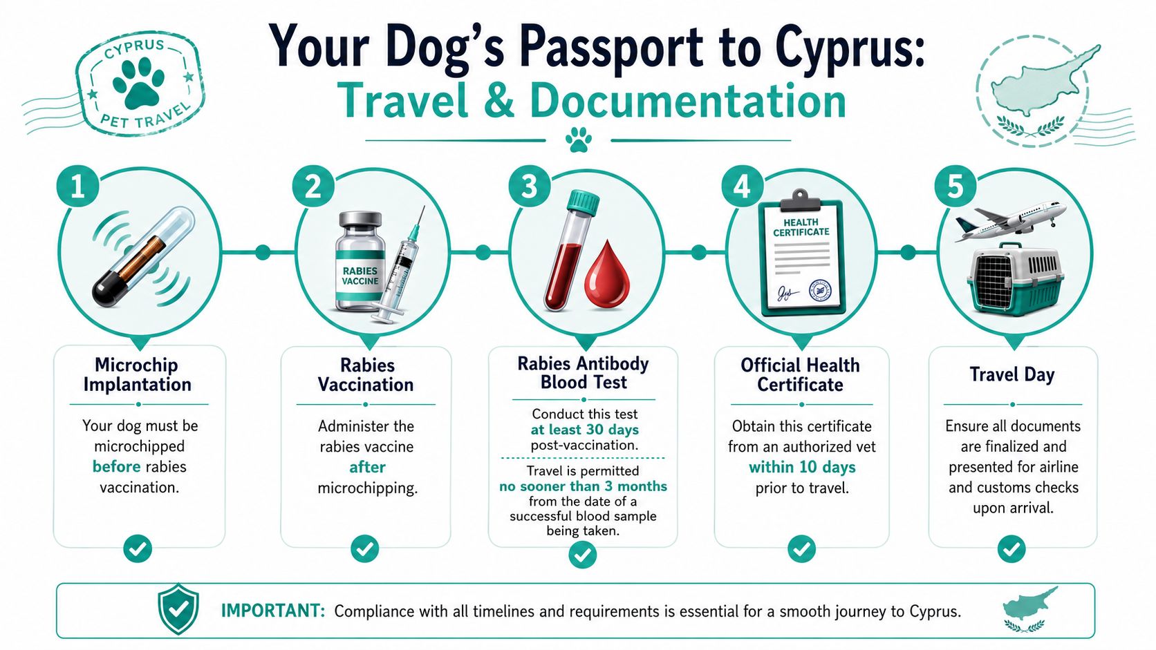 A step-by-step infographic detailing the necessary travel requirements and documentation for bringing dogs to Cyprus.