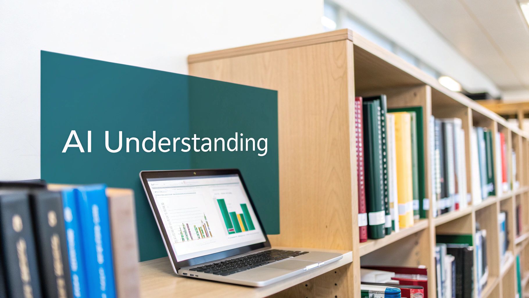 A laptop displaying a bar chart sits on a desk with 'AI Understanding' on a screen, surrounded by bookshelves.