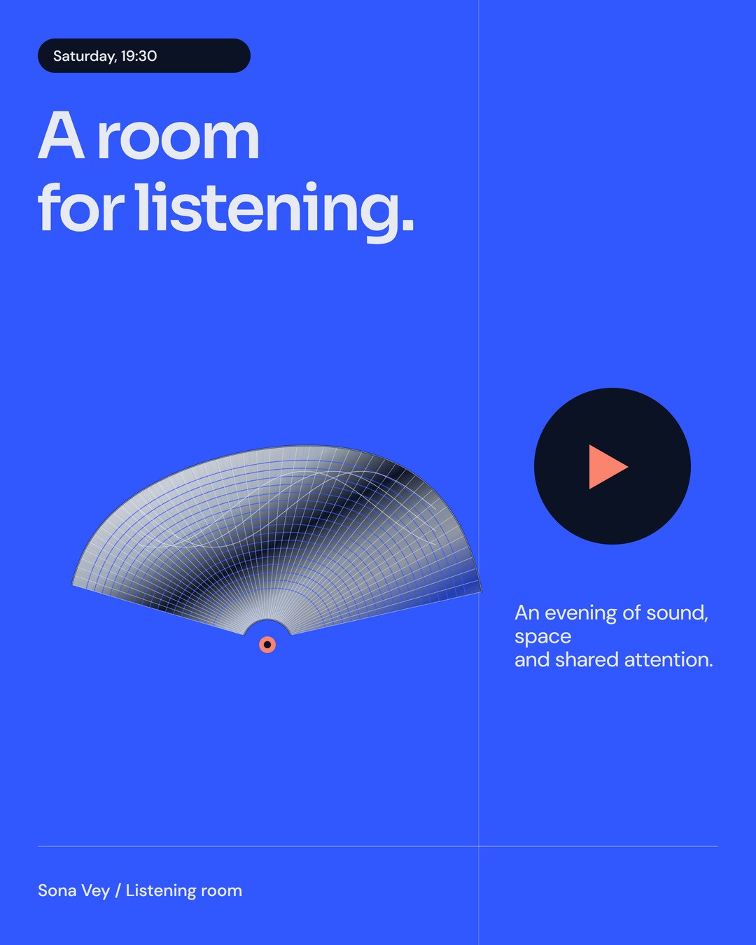 The actual exported listening-session portrait: cobalt field, large A room for listening headline, original silver interference fan and session details.