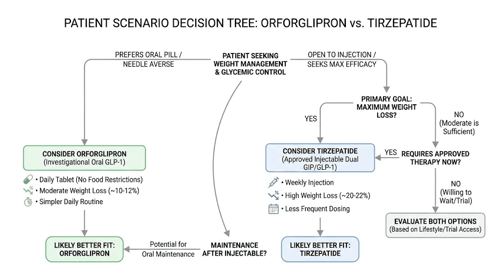 Decision guide flowchart for choosing between orforglipron and tirzepatide