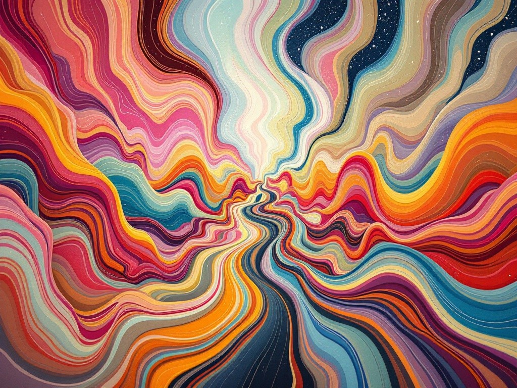 Abstract painting of colorful, swirling lines that resemble a cosmic landscape.