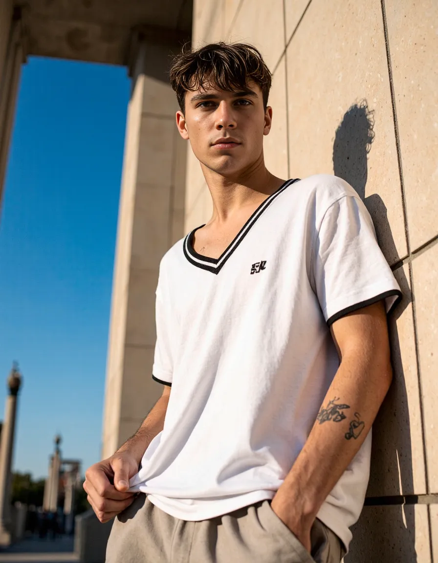 Stylish street photography featuring a person in a white v-neck shirt against a stone wall with bright blue sky, bathed in warm sunlight