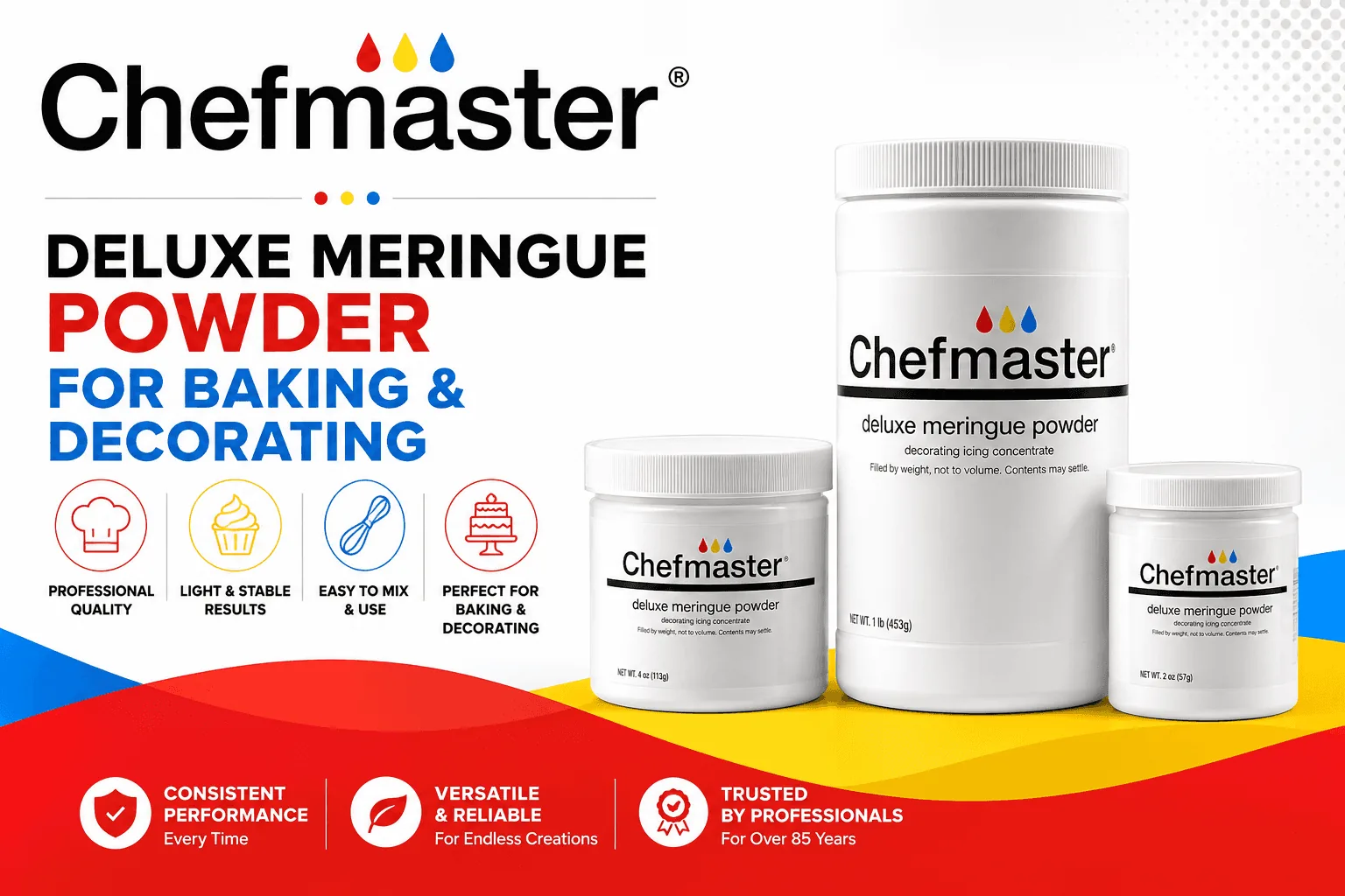 Chefmaster Deluxe Meringue Powder product lineup showing 2 oz, 4 oz, and 1 lb tubs.