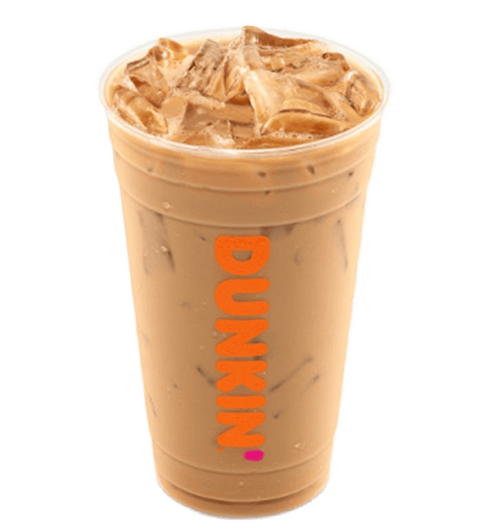 A refreshing Dunkin’ Iced Latte made with smooth espresso, chilled milk, and ice, served in a Dunkin’ cup.