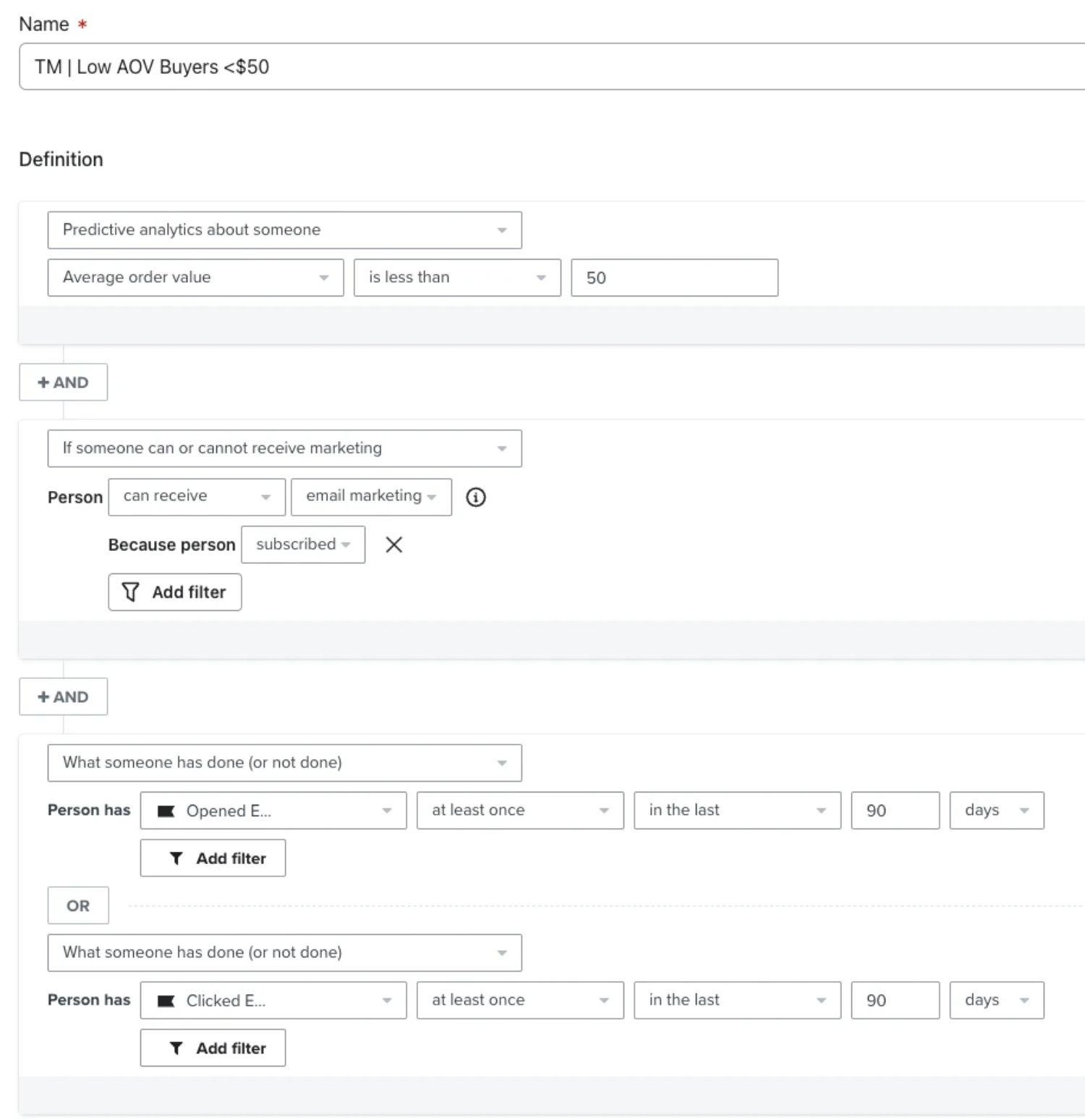 The image shows a Klaviyo segment builder named "TM | Low AOV Buyers <$50." It defines a segment of users with an average order value (AOV) of less than $50, who are subscribed to email marketing, and have either opened or clicked an email at least once within the last 90 days. The conditions are combined with "AND" logic to refine the target audience.