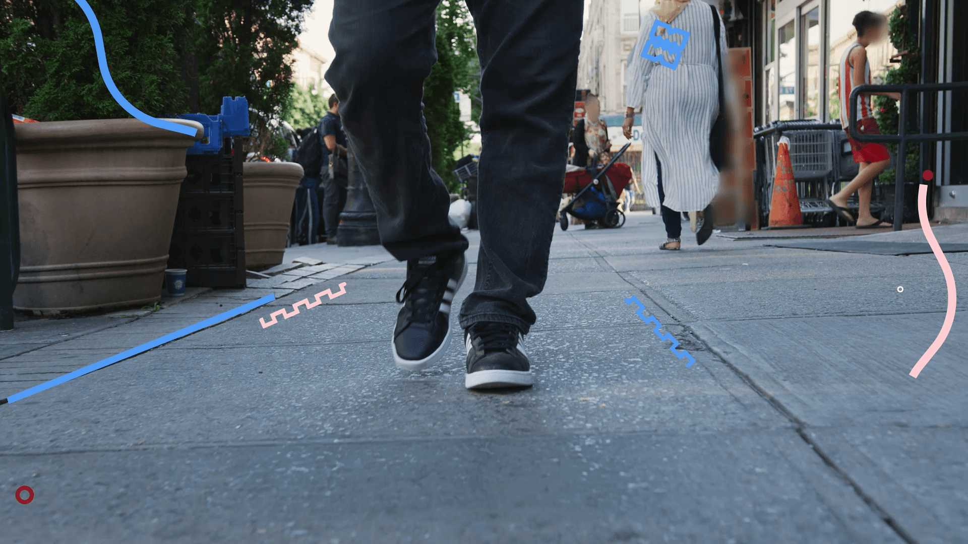 Low angle shot of person walking through busy city street with motion graphic overlays