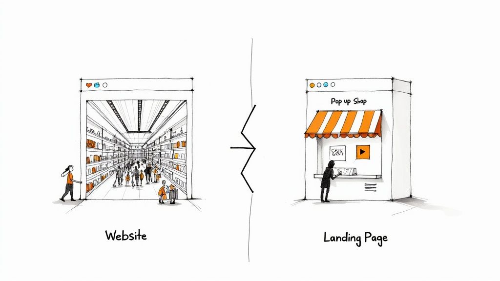Illustration comparing a broad website, depicted as a busy bookstore, to a focused landing page, shown as a pop-up shop.