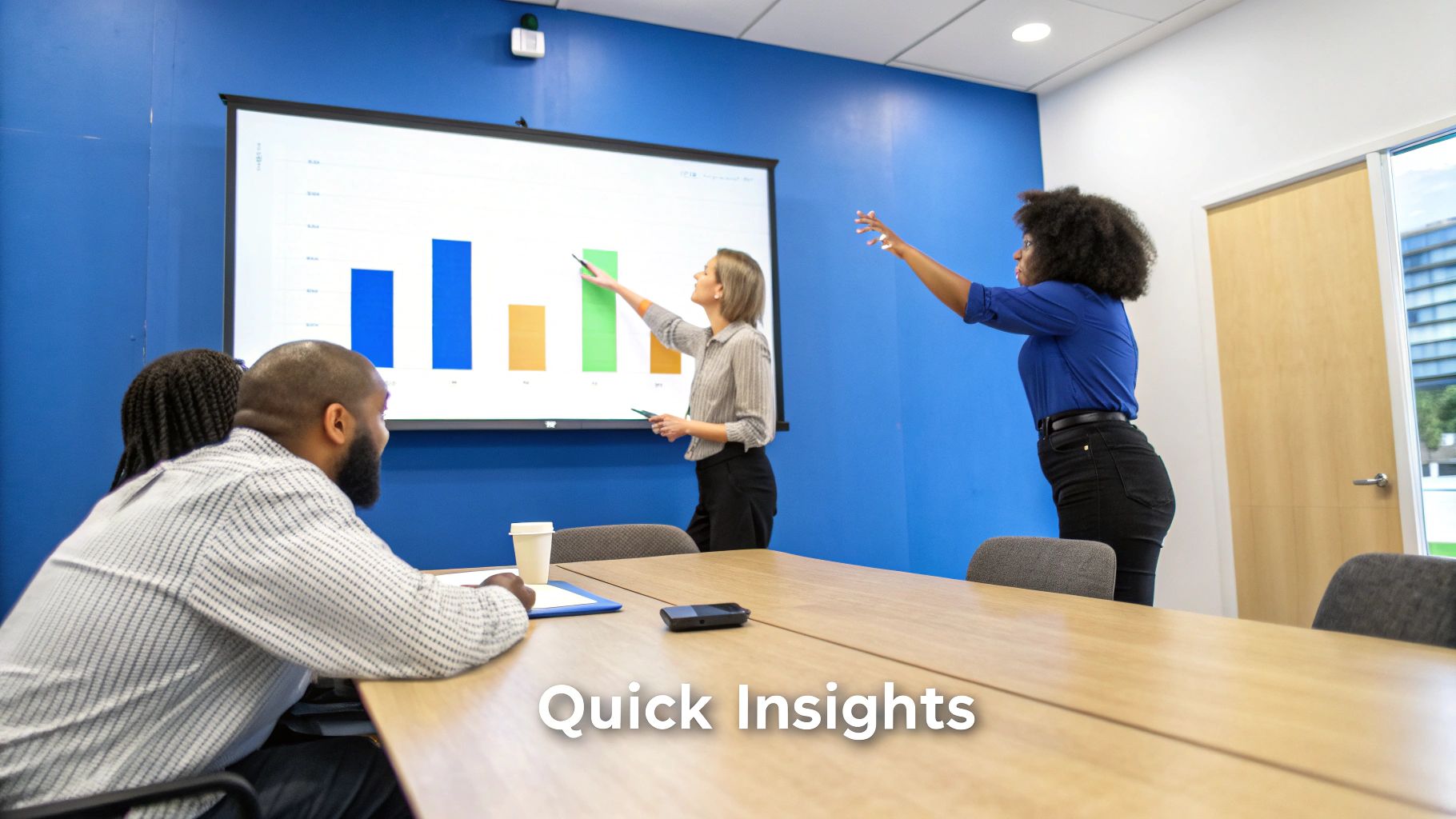 Three business professionals are in a meeting room, analyzing a bar chart on a large screen.