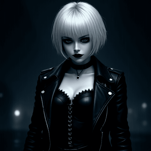 Cyberpunk goth AI anime girl with silver hair in rainy night-min