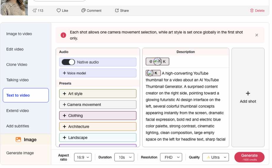 APOB AI Text to Video workspace with a YouTube thumbnail prompt and 16:9 FHD settings