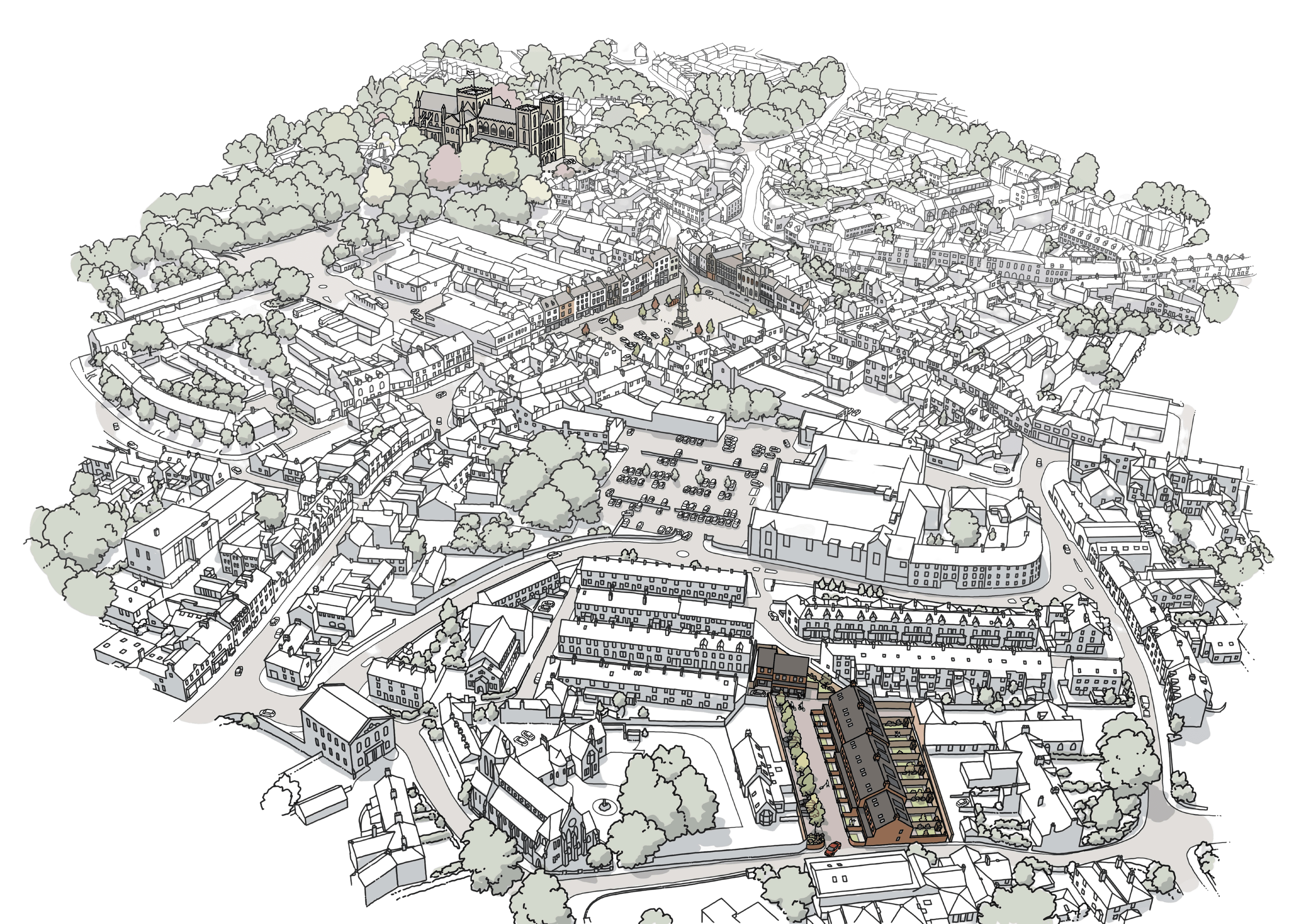 Illustrated aerial map showing Foundry Court's location within Ripon town centre