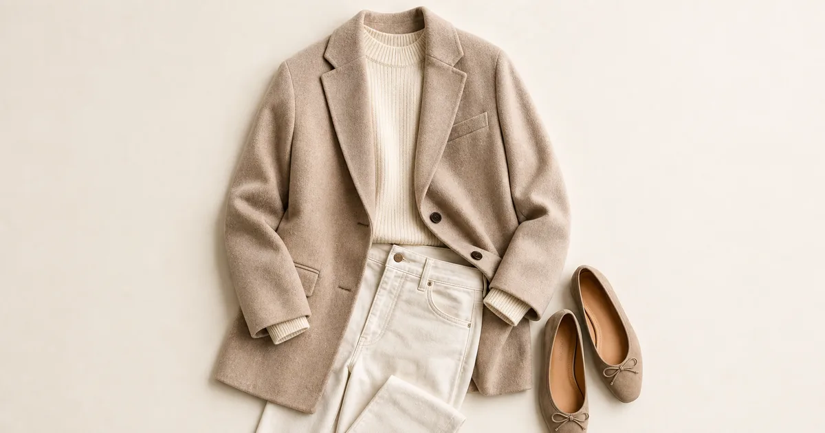 Hero garment beside a phone showing a matching outfit for wardrobe color palette on a warm ivory background