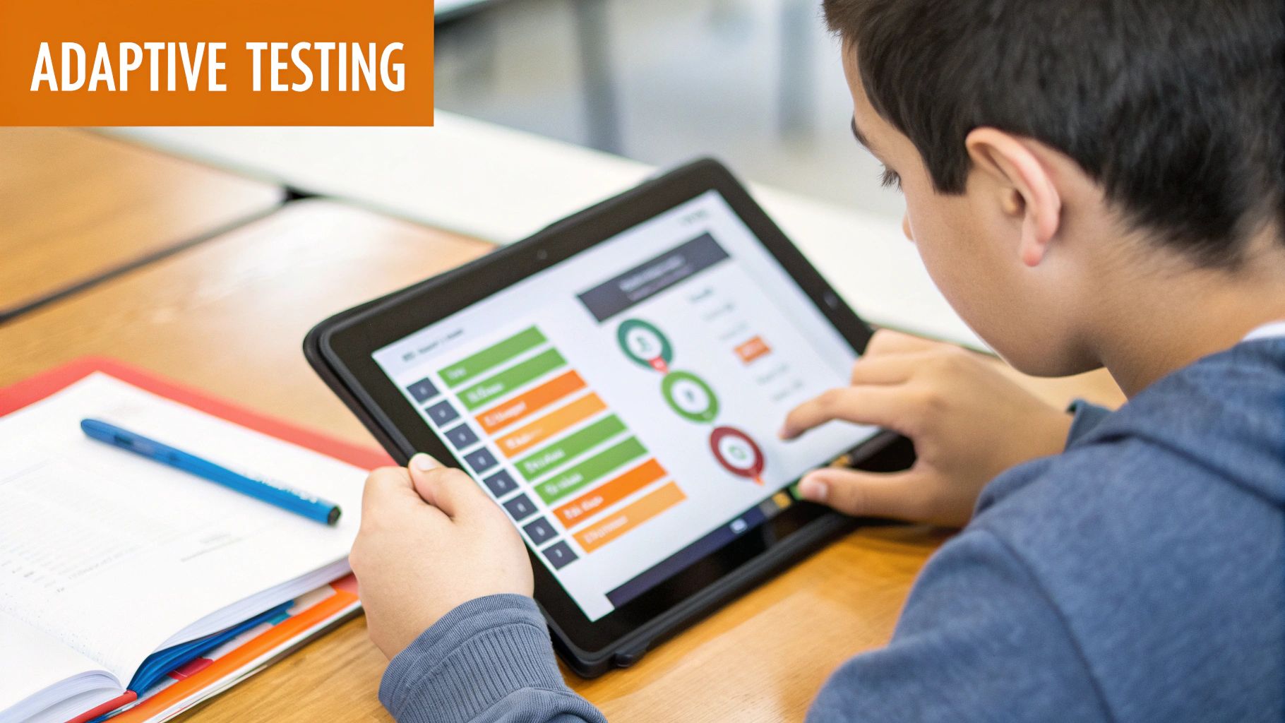 A person using a futuristic digital interface to analyze reading comprehension data.