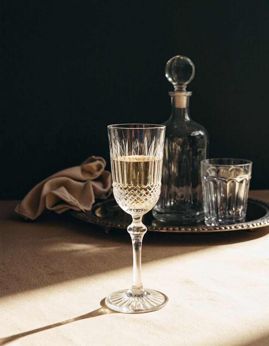 Elegant crystal wine glass with geometric patterns beside decanter on silver tray against dark background