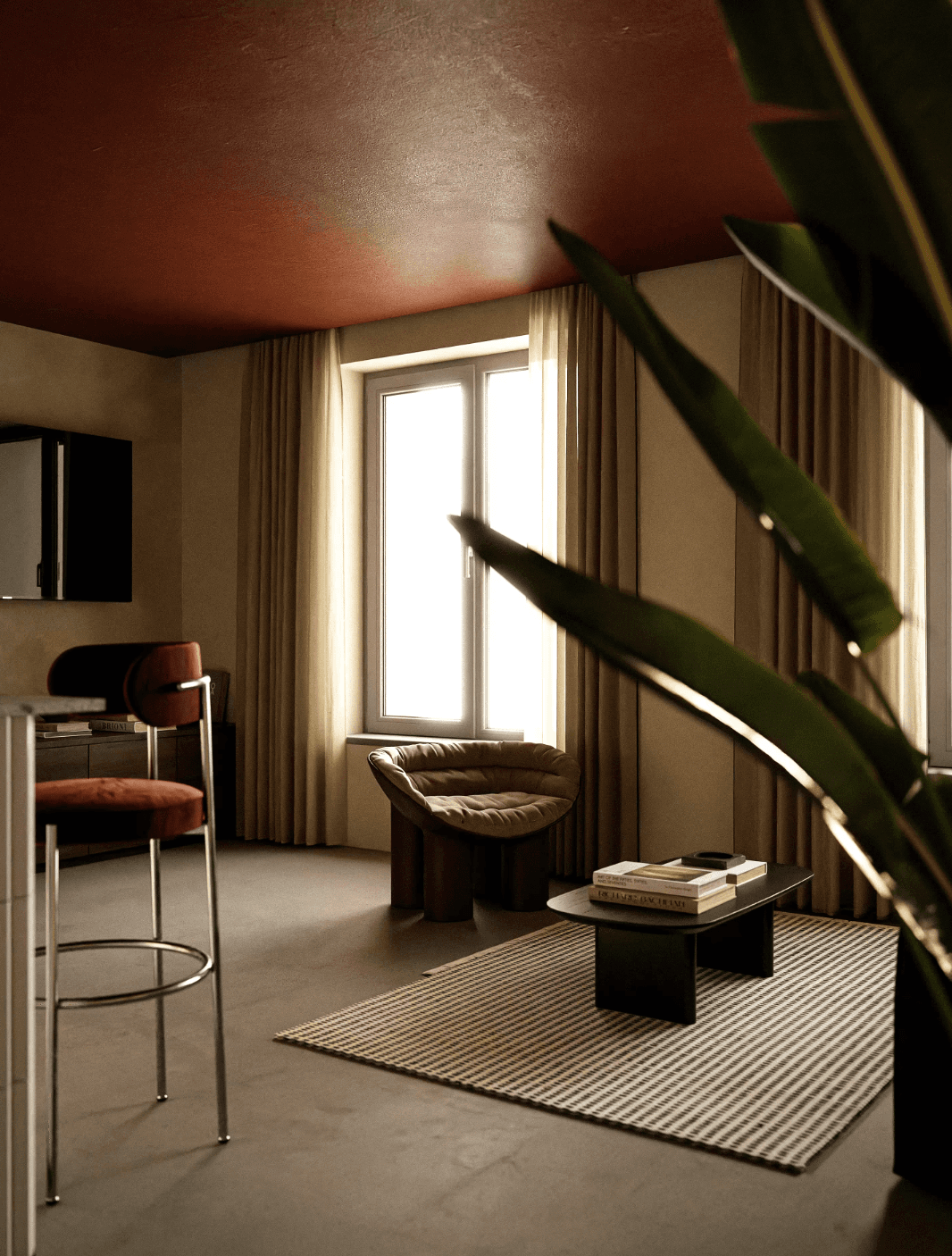 Modern living room with a textured ceiling, large window, and indoor plants, featuring minimalist furniture.