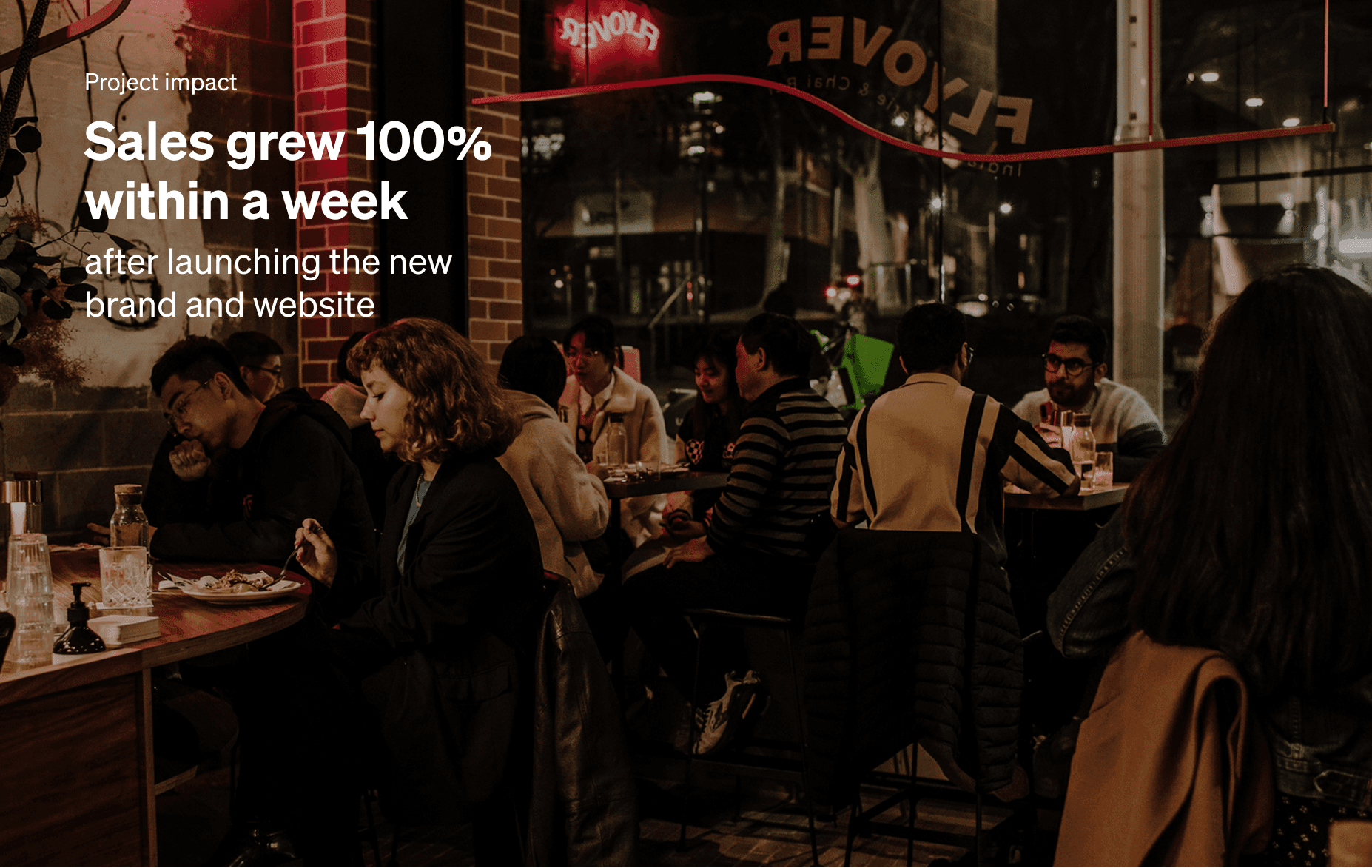 Nighttime photo of diners inside Flyover, seen through the reversed neon shopfront signage, overlaid with text: 'Project impact — Sales grew 100% within a week after launching the new brand and website.'