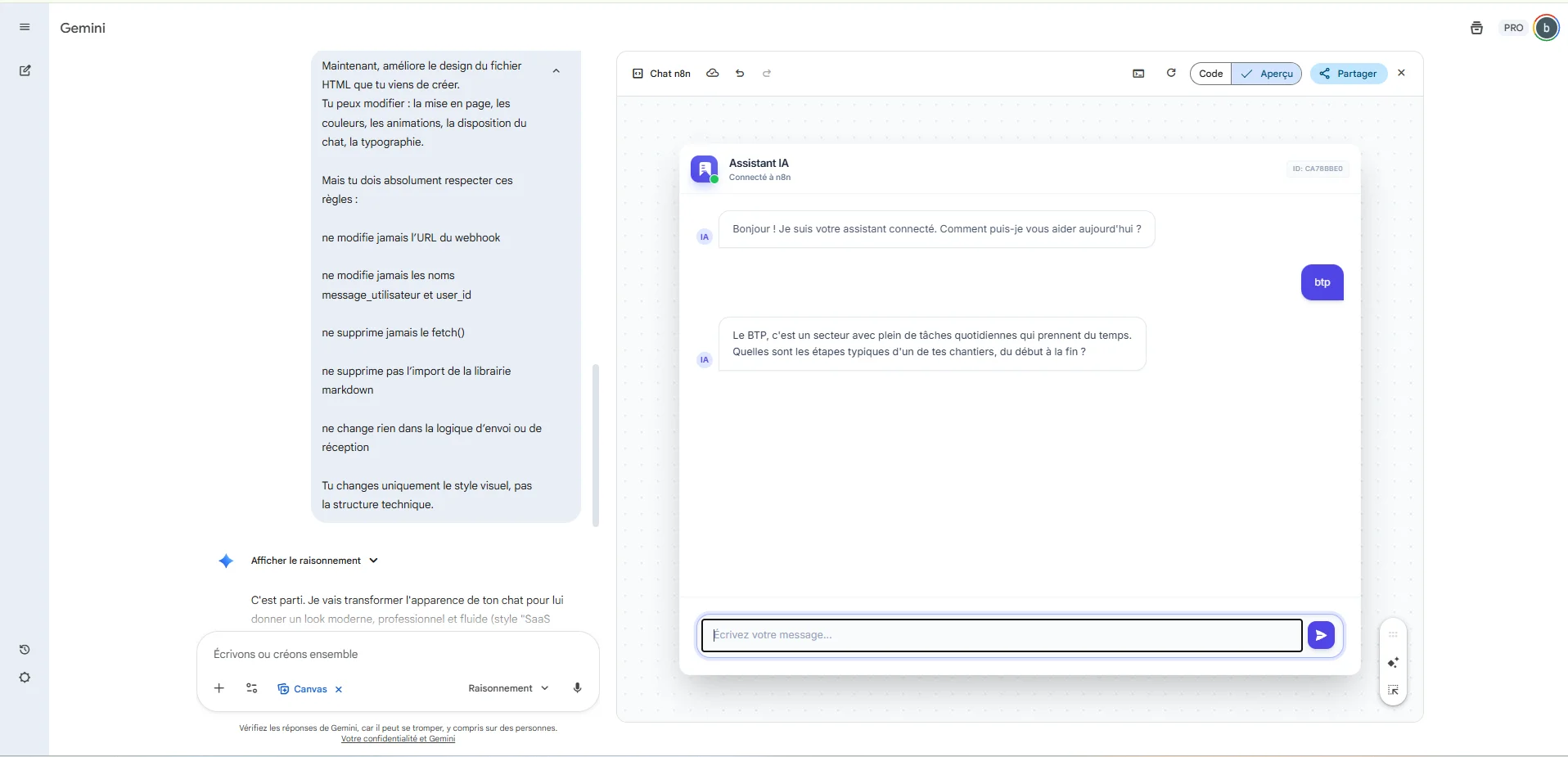 Interface chat HTML personnalisée avec Gemini Canvas sans modifier les paramètres techniques