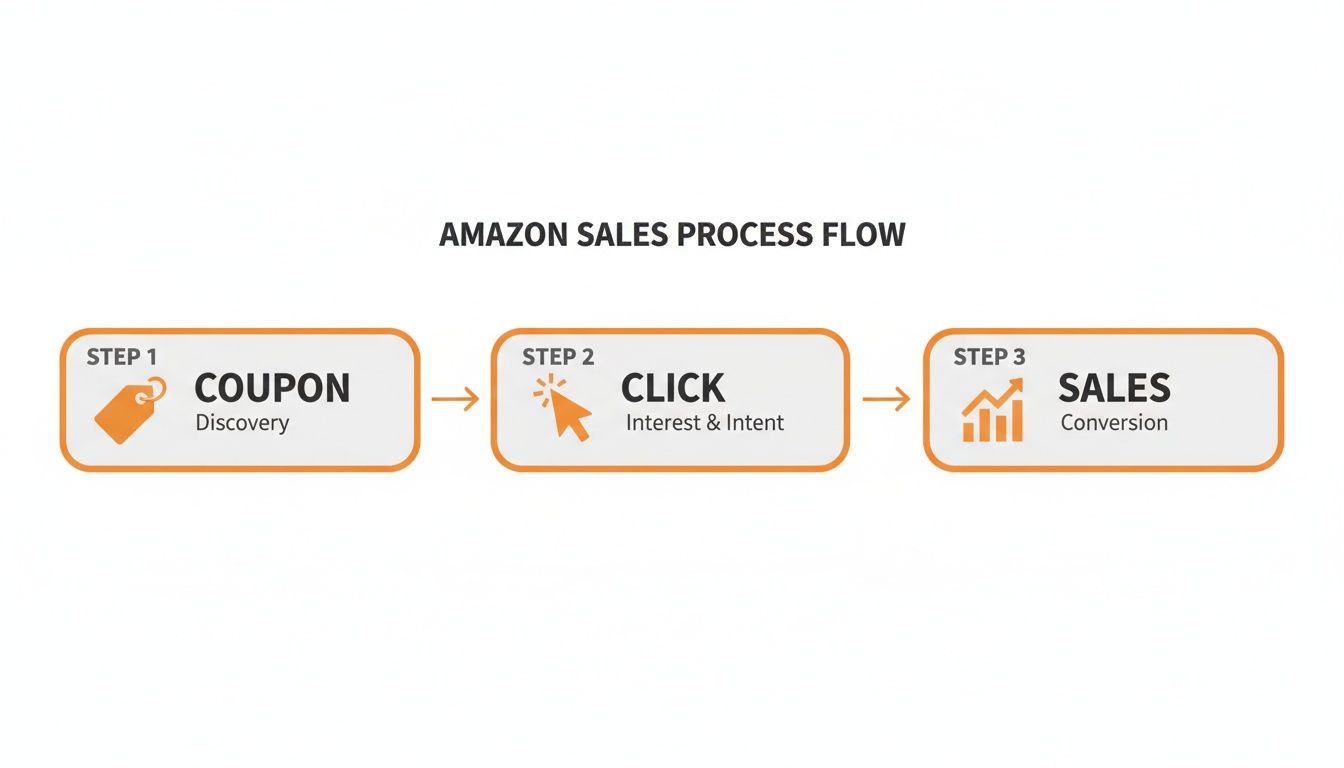 An Amazon sales process flow diagram showing coupon discovery, user clicks, and ultimately sales conversion.