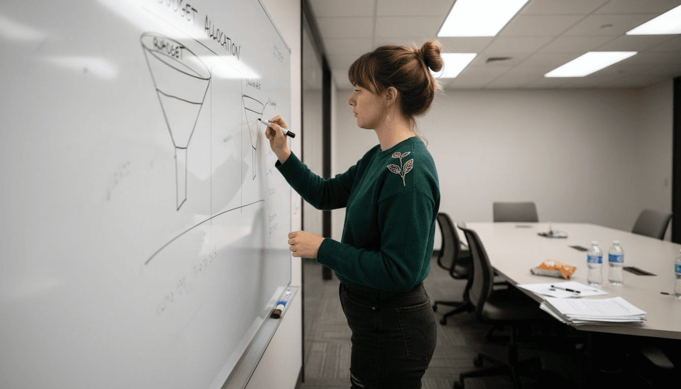 Specialist mapping campaign budgets on whiteboard