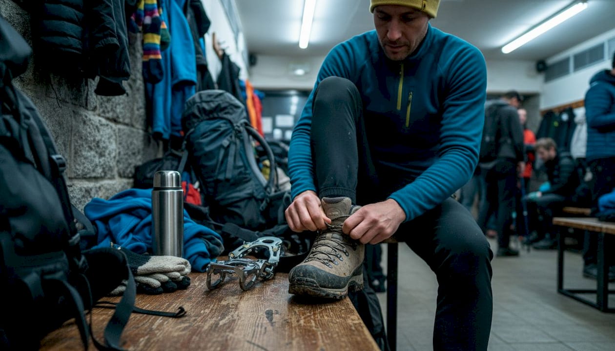 Hiker prepares trekking boots and gear