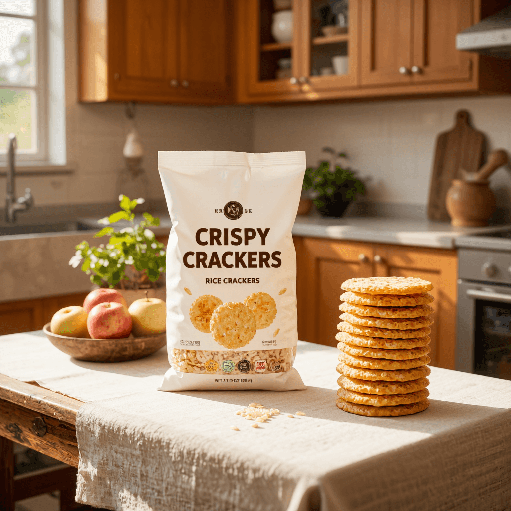 product photography of A bag and a stack of crispy rice crackers