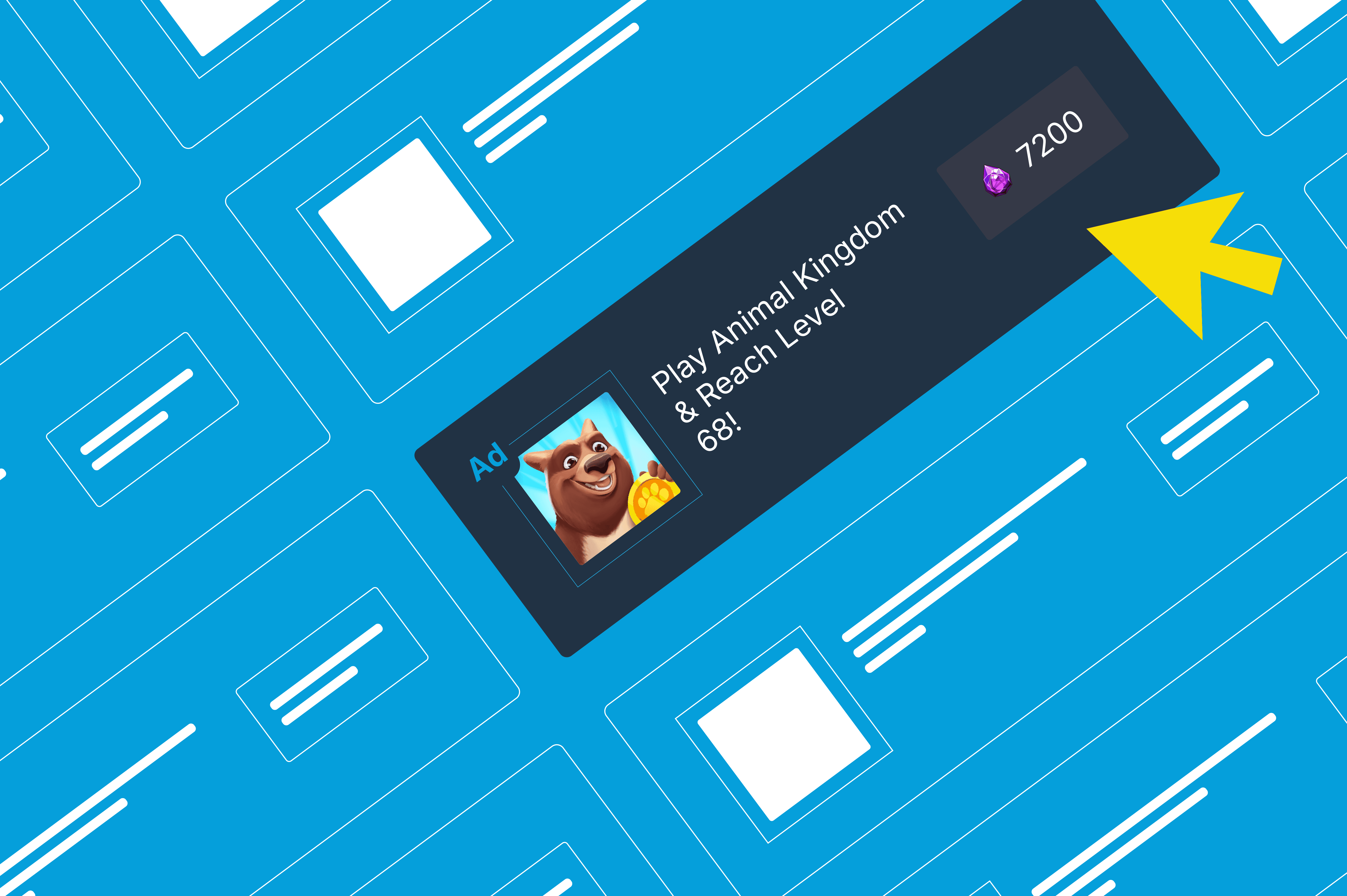 Isometric blue banner for a mobile game ad featuring a cartoon bear and the text "Play Animal Kingdom & Reach Level 68!"